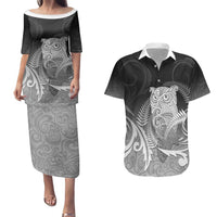 New Zealand Aotearoa Ruru Couples Matching Puletasi and Hawaiian Shirt Maori Fern Art Black LT05 Black - Polynesian Pride