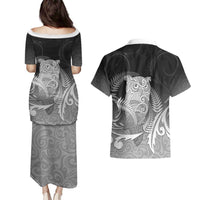 New Zealand Aotearoa Ruru Couples Matching Puletasi and Hawaiian Shirt Maori Fern Art Black LT05 - Polynesian Pride
