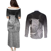 New Zealand Aotearoa Ruru Couples Matching Puletasi and Long Sleeve Button Shirt Maori Fern Art Black LT05 - Polynesian Pride