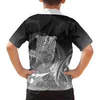 New Zealand Aotearoa Ruru Family Matching Off The Shoulder Long Sleeve Dress and Hawaiian Shirt Maori Fern Art Black LT05 - Polynesian Pride
