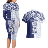 Personalised Northern Mariana Islands And Guam Couples Matching Long Sleeve Bodycon Dress and Hawaiian Shirt Latte Stone With Tribal Pattern LT05 - Polynesian Pride
