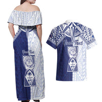 Personalised Northern Mariana Islands And Guam Couples Matching Off Shoulder Maxi Dress and Hawaiian Shirt Latte Stone With Tribal Pattern LT05 - Polynesian Pride