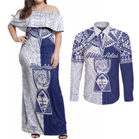 Personalised Northern Mariana Islands And Guam Couples Matching Off Shoulder Maxi Dress and Long Sleeve Button Shirt Latte Stone With Tribal Pattern LT05 Blue - Polynesian Pride