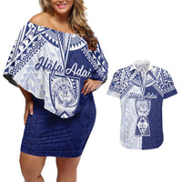 Personalised Northern Mariana Islands And Guam Couples Matching Off Shoulder Short Dress and Hawaiian Shirt Latte Stone With Tribal Pattern LT05 Blue - Polynesian Pride