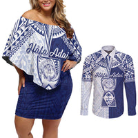Personalised Northern Mariana Islands And Guam Couples Matching Off Shoulder Short Dress and Long Sleeve Button Shirt Latte Stone With Tribal Pattern LT05 Blue - Polynesian Pride
