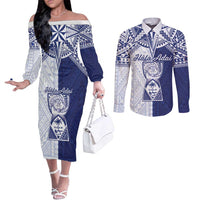 Personalised Northern Mariana Islands And Guam Couples Matching Off The Shoulder Long Sleeve Dress and Long Sleeve Button Shirt Latte Stone With Tribal Pattern LT05 Blue - Polynesian Pride