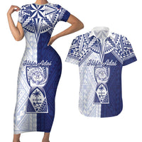 Personalised Northern Mariana Islands And Guam Couples Matching Short Sleeve Bodycon Dress and Hawaiian Shirt Latte Stone With Tribal Pattern LT05 Blue - Polynesian Pride