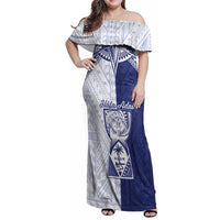 Personalised Northern Mariana Islands And Guam Family Matching Off Shoulder Maxi Dress and Hawaiian Shirt Latte Stone With Tribal Pattern LT05 Mom's Dress Blue - Polynesian Pride