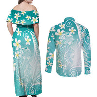 Polynesian Jellyfish Couples Matching Off Shoulder Maxi Dress and Long Sleeve Button Shirt With Plumeria Teal