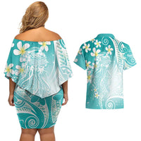 Polynesian Jellyfish Couples Matching Off Shoulder Short Dress and Hawaiian Shirt With Plumeria Teal LT05 - Polynesian Pride