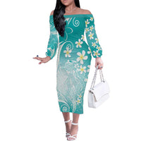 Polynesian Jellyfish Family Matching Off The Shoulder Long Sleeve Dress and Hawaiian Shirt With Plumeria Teal LT05 Mom's Dress Teal - Polynesian Pride