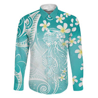 Polynesian Jellyfish Family Matching Summer Maxi Dress and Hawaiian Shirt With Plumeria Teal LT05 Dad's Shirt - Long Sleeve Teal - Polynesian Pride