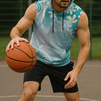 Polynesian Jellyfish Sleeveless Hoodie With Plumeria Teal