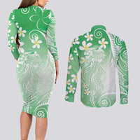 Polynesian Jellyfish Couples Matching Long Sleeve Bodycon Dress and Long Sleeve Button Shirt With Plumeria Green LT05 - Polynesian Pride