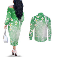 Polynesian Jellyfish Couples Matching Off The Shoulder Long Sleeve Dress and Long Sleeve Button Shirt With Plumeria Green LT05 - Polynesian Pride