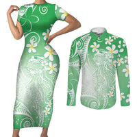 Polynesian Jellyfish Couples Matching Short Sleeve Bodycon Dress and Long Sleeve Button Shirt With Plumeria Green LT05 Green - Polynesian Pride