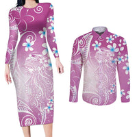 Polynesian Jellyfish Couples Matching Long Sleeve Bodycon Dress and Long Sleeve Button Shirt With Plumeria Pink LT05 Pink - Polynesian Pride