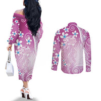 Polynesian Jellyfish Couples Matching Off The Shoulder Long Sleeve Dress and Long Sleeve Button Shirt With Plumeria Pink LT05 - Polynesian Pride