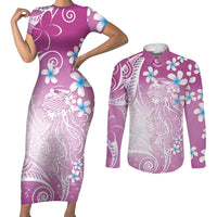 Polynesian Jellyfish Couples Matching Short Sleeve Bodycon Dress and Long Sleeve Button Shirt With Plumeria Pink LT05 Pink - Polynesian Pride