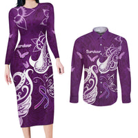 Personalised Fibromyalgia Awareness Couples Matching Long Sleeve Bodycon Dress and Long Sleeve Button Shirt Polynesian Purple Ribbon LT05 Purple - Polynesian Pride