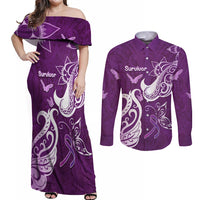 Personalised Fibromyalgia Awareness Couples Matching Off Shoulder Maxi Dress and Long Sleeve Button Shirt Polynesian Purple Ribbon LT05 Purple - Polynesian Pride