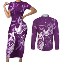 Personalised Fibromyalgia Awareness Couples Matching Short Sleeve Bodycon Dress and Long Sleeve Button Shirt Polynesian Purple Ribbon LT05 Purple - Polynesian Pride