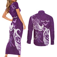 Personalised Fibromyalgia Awareness Couples Matching Short Sleeve Bodycon Dress and Long Sleeve Button Shirt Polynesian Purple Ribbon LT05 - Polynesian Pride