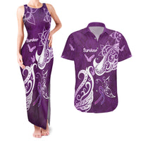Personalised Fibromyalgia Awareness Couples Matching Tank Maxi Dress and Hawaiian Shirt Polynesian Purple Ribbon LT05 Purple - Polynesian Pride