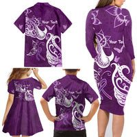 Personalised Fibromyalgia Awareness Family Matching Long Sleeve Bodycon Dress and Hawaiian Shirt Polynesian Purple Ribbon LT05 - Polynesian Pride