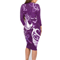 Personalised Fibromyalgia Awareness Family Matching Long Sleeve Bodycon Dress and Hawaiian Shirt Polynesian Purple Ribbon LT05 - Polynesian Pride