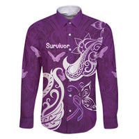 Personalised Fibromyalgia Awareness Family Matching Off Shoulder Maxi Dress and Hawaiian Shirt Polynesian Purple Ribbon LT05 Dad's Shirt - Long Sleeve Purple - Polynesian Pride