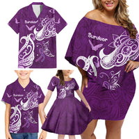 Personalised Fibromyalgia Awareness Family Matching Off Shoulder Short Dress and Hawaiian Shirt Polynesian Purple Ribbon LT05 - Polynesian Pride
