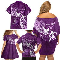 Personalised Fibromyalgia Awareness Family Matching Off Shoulder Short Dress and Hawaiian Shirt Polynesian Purple Ribbon LT05 - Polynesian Pride