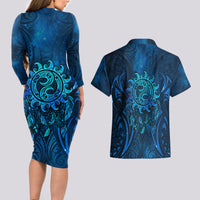 New Zealand Dream Catcher Couples Matching Long Sleeve Bodycon Dress and Hawaiian Shirt Maori Koru Pattern Blue Version LT05 - Polynesian Pride