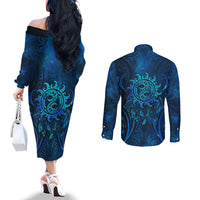 New Zealand Dream Catcher Couples Matching Off The Shoulder Long Sleeve Dress and Long Sleeve Button Shirt Maori Koru Pattern Blue Version LT05 - Polynesian Pride