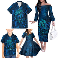 New Zealand Dream Catcher Family Matching Off The Shoulder Long Sleeve Dress and Hawaiian Shirt Maori Koru Pattern Blue Version LT05 - Polynesian Pride