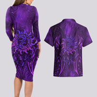 New Zealand Dream Catcher Couples Matching Long Sleeve Bodycon Dress and Hawaiian Shirt Maori Koru Pattern Purple Version LT05 - Polynesian Pride