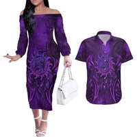 New Zealand Dream Catcher Couples Matching Off The Shoulder Long Sleeve Dress and Hawaiian Shirt Maori Koru Pattern Purple Version LT05 Purple - Polynesian Pride
