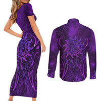 New Zealand Dream Catcher Couples Matching Short Sleeve Bodycon Dress and Long Sleeve Button Shirt Maori Koru Pattern Purple Version LT05 - Polynesian Pride
