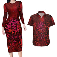 New Zealand Dream Catcher Couples Matching Long Sleeve Bodycon Dress and Hawaiian Shirt Maori Koru Pattern Red Version LT05 Red - Polynesian Pride