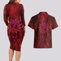 New Zealand Dream Catcher Couples Matching Long Sleeve Bodycon Dress and Hawaiian Shirt Maori Koru Pattern Red Version LT05 - Polynesian Pride