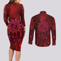 New Zealand Dream Catcher Couples Matching Long Sleeve Bodycon Dress and Long Sleeve Button Shirt Maori Koru Pattern Red Version LT05 - Polynesian Pride