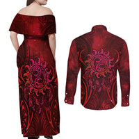New Zealand Dream Catcher Couples Matching Off Shoulder Maxi Dress and Long Sleeve Button Shirt Maori Koru Pattern Red Version