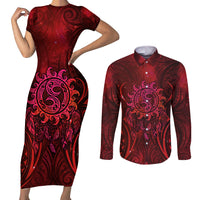 New Zealand Dream Catcher Couples Matching Short Sleeve Bodycon Dress and Long Sleeve Button Shirt Maori Koru Pattern Red Version LT05 Red - Polynesian Pride