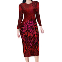 New Zealand Dream Catcher Family Matching Long Sleeve Bodycon Dress and Hawaiian Shirt Maori Koru Pattern Red Version LT05 Mom's Dress Red - Polynesian Pride
