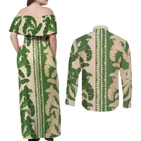 Hawaii Pua Kenikeni Lei Couples Matching Off Shoulder Maxi Dress and Long Sleeve Button Shirt With Lau Maia Green LT05 - Polynesian Pride