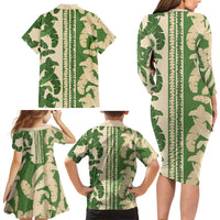 Hawaii Pua Kenikeni Lei Family Matching Long Sleeve Bodycon Dress and Hawaiian Shirt With Lau Maia Green LT05 - Polynesian Pride