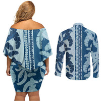 Hawaii Pua Kenikeni Lei Couples Matching Off Shoulder Short Dress and Long Sleeve Button Shirt With Lau Maia Royal Blue LT05 - Polynesian Pride