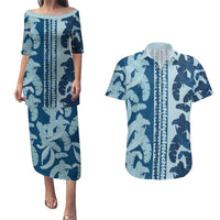 Hawaii Pua Kenikeni Lei Couples Matching Puletasi and Hawaiian Shirt With Lau Maia Royal Blue LT05 Blue - Polynesian Pride