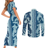 Hawaii Pua Kenikeni Lei Couples Matching Short Sleeve Bodycon Dress and Long Sleeve Button Shirt With Lau Maia Royal Blue LT05 - Polynesian Pride